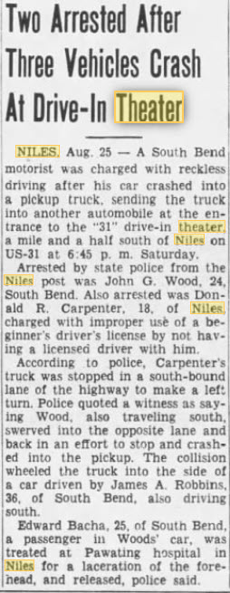 Niles 31 Outdoor Theatre - 25 Aug 1952 Auto Accident